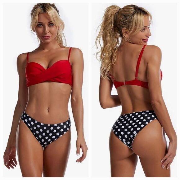🔸️NIB Red & Black w/White Polka Dot Retro Style Bikini Bathing Suit Small - Picture 1 of 12